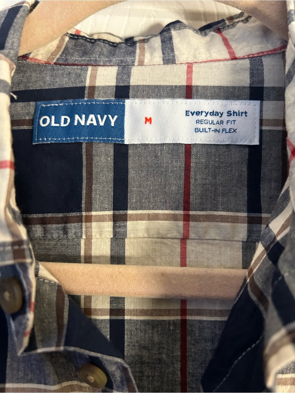Old Navy Plaid Button-Down Shirt — Navy, Beige, Red